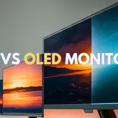 Porównanie monitorów IPS vs OLED: cztery ekrany z zachodzącym słońcem i nocnym niebem, podkreślające różnice w jakości obrazu.