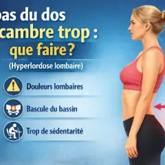 Femme avec une hyperlordose lombaire, le bas du dos se cambre trop. Causes : douleurs lombaires, bascule du bassin, sédentarité.