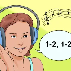 Une jeune femme écoute de la musique avec des écouteurs, comptant "1-2, 1-2". Un temps fort musical est représenté par des notes de musique.