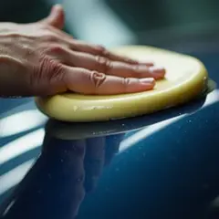Dłoń detailera samochodowego poleruje lakier żółtą gąbką.