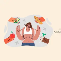 Mani offrono cibo a una persona che lotta con disturbi alimentari. Un'illustrazione che simboleggia la pressione e la confusione.