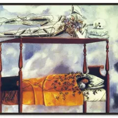 Frida Kahlo's "Henry Ford Hospital" depicts her in bed, connected to a fetus by umbilical cords. A skeleton rests above, symbolizing death.