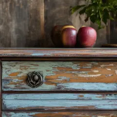Commode ancienne avec un relook et patine bleu et bois, ornée de pommes et d'un vase.