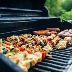 Brochettes de poulet et légumes, saucisses en train de cuire sur un barbecue à gaz.