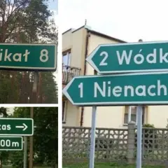 Znaki drogowe z zabawnymi nazwami miejscowości: Męcikat, Kutas, Wódki, Nienachlany.