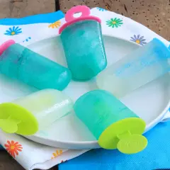 Cinque ghiaccioli senza zucchero, colorati e rinfrescanti, su un piatto bianco, pronti per un'estate sana e gustosa.