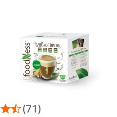 Scatola di caffè al ginseng Foodness, con tazza di bevanda e radici di ginseng. Illustra la differenza tra caffè e ginseng.