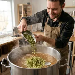 Un brasseur ajoute du houblon à une grande marmite pour préparer une ipa bier.