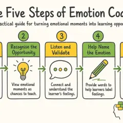 The Five Steps of Emotion Coaching: Be Aware, Recognize Opportunity, Listen & Validate, Name Emotion, Set Limits. A guide for emotional coach.