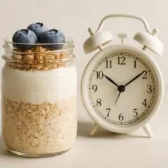 Barattolo con yogurt, mirtilli e fiocchi d'avena, accanto a una sveglia. La colazione è pronta!
