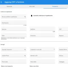Interfaccia per aggiungere un DDT a fornitore, con campi per indirizzo, dettagli trasporto e dati di spedizione. Il sistema gestisce il ddt excel.