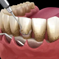 Herramientas dentales eliminan sarro en una limpieza dental profunda. El nombre del procedimiento es crucial para la salud bucal.