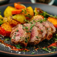 Solomillo de cerdo jugoso en airfryer, servido con patatas asadas, brócoli y zanahoria. ¡Un plato perfecto!