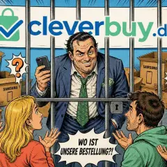 Ein Mann hinter Gittern, der cleverbuy.de repräsentiert, hält ein Smartphone. Kunden fragen verzweifelt: "Wo ist unsere Bestellung?!