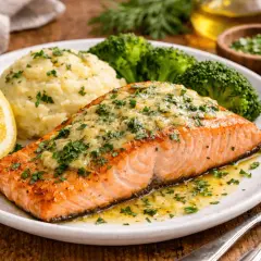 Soczysty łosoś z Airfryer, podany z puree ziemniaczanym, brokułami i cytryną.