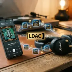 Telefon z muzyką w formacie FLAC połączony przez LDAC z słuchawkami Marshall. Ciesz się wysoką jakością dźwięku.
