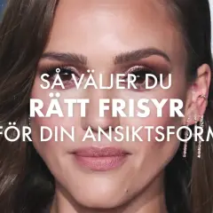 En kvinna med mjukt vågigt hår och smink. Texten lyder: "Så väljer du rätt frisyr för din ansiktsform".
