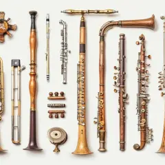 Kolekcja różnych rodzajów instrumentów dętych, od saksofonu po klarnet, prezentuje bogactwo form i materiałów.