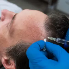 Man recibe tratamiento de cauterización capilar con inyección en la línea del cabello.