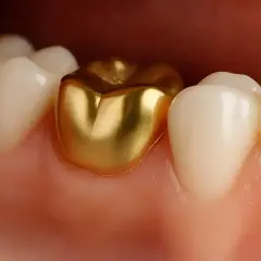 Un dente con una corona in oro brilla tra altri denti bianchi, un tocco di lusso per un sorriso.