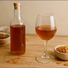 Szklanka i butelka bursztynowego wina z rodzynek, obok miseczka z bakaliami.