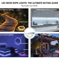 Ścieżka w ogrodzie oświetlona taśmą LED neon, kuchnia z oświetleniem pod szafkami, sypialnia z neonowym akcentem, patio z kolorową taśmą LED neon.