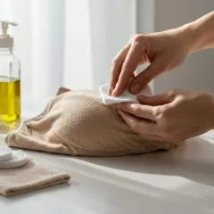 Main douce utilisant un coton imbibé d'huile pour aider à comment enlever un pansement sur des poils sans douleur.