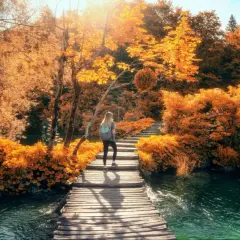 Frau wandert auf Holzsteg durch Herbstlaub in Kroatien. Das Wetter im Oktober ist sonnig und warm, perfekt für diese malerische Landschaft.