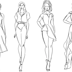 Croquis de mode : quatre silhouettes féminines élégantes, esquissées par un modeliste styliste.