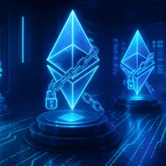 Neonowe symbole Ethereum, spięte łańcuchami z kłódkami, stoją na piedestałach w futurystycznym, niebieskim wnętrzu. To wizualizacja bezpieczeństwa w ethereum pool co.