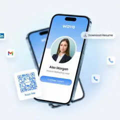Learn how to make a digital business card with this visual guide. A smartphone displays a profile with contact options, a QR code, and social media icons.