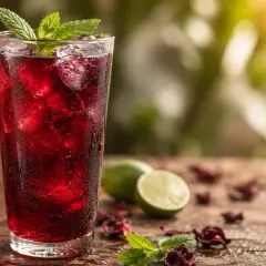Verre de bissap, boisson rafraîchissante à base d'hibiscus, garni de menthe. La recette sénégalaise parfaite pour se désaltérer.