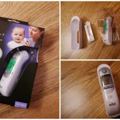Braun örontermometer visar fel. En ny Braun ThermoScan 7 ligger i sin förpackning, redo att mäta feber.