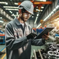 Inżynier w kasku i okularach ochronnych sprawdza tablet na tle hali produkcyjnej z częściami maszyn.