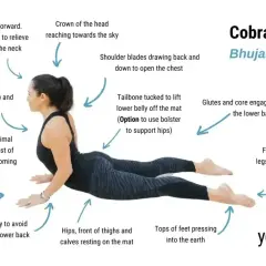 Kobieta w pozycji kobry joga (Bhujangasana). Klatka piersiowa uniesiona, ramiona lekko ugięte, nogi proste.