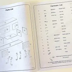 Diagrams and lists for furniture assembly instructions, showing parts and hardware needed.