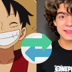 Anime-Charakter Monkey D. Luffy trifft auf einen jungen Mann, der ein One Piece T-Shirt trägt. Ein Symbol mit zwei Pfeilen verbindet sie.