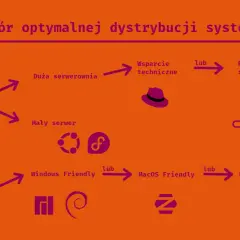 Wykres przedstawia wybór dystrybucji Linuxa dla serwerów (dużych i małych) oraz stacji roboczych, uwzględniając wsparcie techniczne i przyjazność dla użytkownika.
