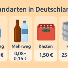 Pfandarten in Deutschland: Einwegflasche (0,25€), Mehrwegflaschen (0,08-0,15€), Kasten (1,50€), Keg (25-30€).
