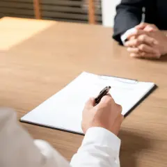 Rozmowa kwalifikacyjna. Dwie osoby siedzą przy drewnianym stole. Jedna pisze na kartce, druga ma złożone ręce. Czas na odprawę.