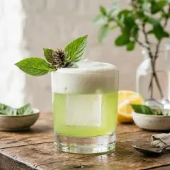 En uppfriskande thaibasilika drink med skummig topp, garnerad med färska blad. En perfekt sommardrink!
