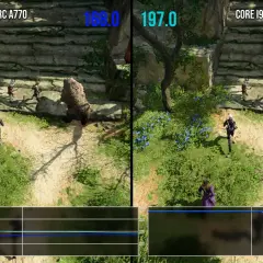 Vergleich: Core i9 12900K/Intel Arc A770, CPU-limitiert. Links DirectX 11 (168 FPS), rechts Vulkan (197 FPS).