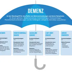 Übersicht über Demenzformen: Alzheimer (60-70% Häufigkeit) mit Amyloid-Plaques, beeinflusst Gedächtnis, Sprache, räumliche Fähigkeiten. Die Lebenserwartung bei Alzheimer variiert.