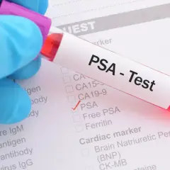 Ręka w niebieskiej rękawiczce trzyma probówkę z napisem "PSA - Test". Zaznaczono pole PSA na liście badań.