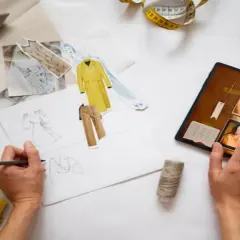 Projektant mody tworzy szkice ubrań, inspirując się zdjęciami i materiałami.