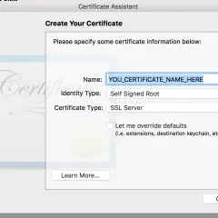 Asistente de Certificados: Crea tu certificado digital en Mac. Introduce el nombre, tipo de identidad y tipo de certificado.