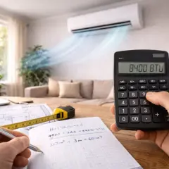 Calculateur affichant 8400 BTU, symbolisant le calcul de puissance climatisation. Plans, mètre et stylo sur la table.