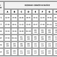 Tabela rozmiarów biustonoszy: jak dobrać rozmiar stanika. Kolumny to rozmiar miseczki (A-I), wiersze to obwód pod biustem (70-95).