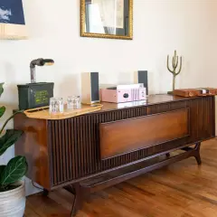 A mid-century modern wood console with a record player, speakers, and a fiddle leaf fig plant.