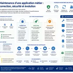 Schéma expliquant la maintenance applicative : correction, sécurité, évolution. Il détaille les types de maintenance (corrective, évolutive, préventive), les risques sans maintenance, le processus, les services et les engagements.